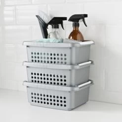 Set Of 3 Storage Stacking Baskets - Grey
